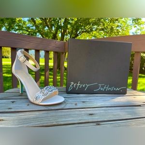 NIB Betsey Johnson Heels. Size 8 W. Ivory satin with rhinestones.